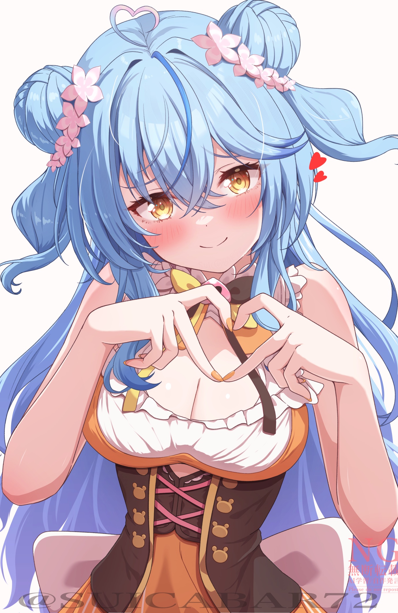 suicabar72, momosuzu nene, momosuzu nene (1st costume), yukihana lamy, hololive, commentary request, highres, 1girl, ahoge, bell, bow, bowtie, breasts, cleavage, cleavage cutout, clothing cutout, cosplay, crossed bangs, double-parted bangs, double bun, fang, flower, four-finger heart hands, frilled shirt, frills, green eyes, hair bun, hair flower, hair ornament, hands up, heart, heart ahoge, heart hands, jingle bell, large breasts, long hair, looking at viewer, momosuzu nene (cosplay), multicolored bow, multicolored bowtie, multicolored hair, nail polish, open mouth, orange bow, orange bowtie, orange nails, orange shirt, peach ornament, pink flower, pink hair, shirt, sidelocks, simple background, smile, solo, twitter username, two side up, upper body, virtual youtuber, watermark, white background, yellow bow, yellow bowtie