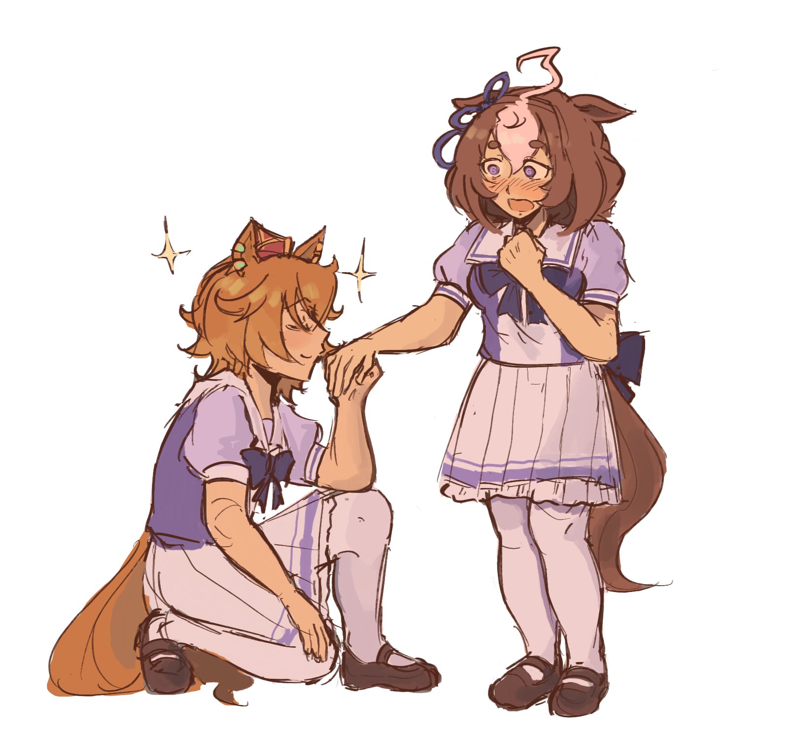 foxszns, meisho doto (umamusume), t.m. opera o (umamusume), umamusume, commentary, english commentary, highres, 2girls, @ @, ahoge, animal ears, blush, bob cut, brown hair, closed eyes, crown, ear ornament, ears down, hair between eyes, hair ornament, hair ribbon, hairband, hand on own chest, horse ears, horse girl, horse tail, kiss, kissing hand, kneeling, leggings, loafers, looking at another, medium hair, mini crown, multicolored hair, multiple girls, open mouth, puffy short sleeves, puffy sleeves, purple eyes, purple shirt, ribbon, sailor collar, school uniform, shirt, shoes, short eyebrows, short hair, short sleeves, simple background, skirt, smile, sparkle, streaked hair, tail, tail ornament, tail ribbon, thick eyebrows, tracen school uniform, two-tone hair, white background, white leggings, white skirt, yuri