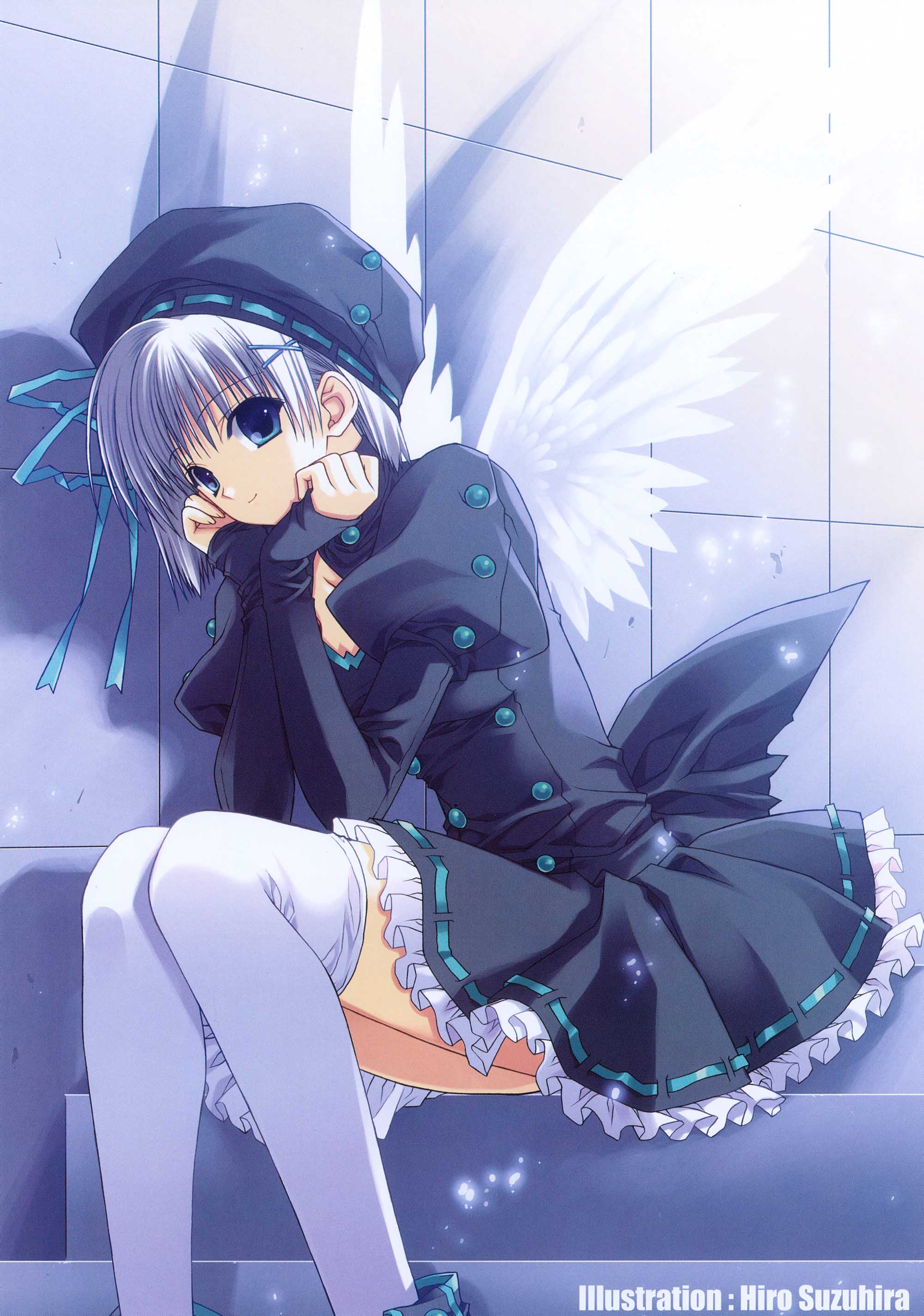 suzuhira hiro, absurdres, highres, blue eyes, blue hair, dress, sitting, solo, thighhighs, wings