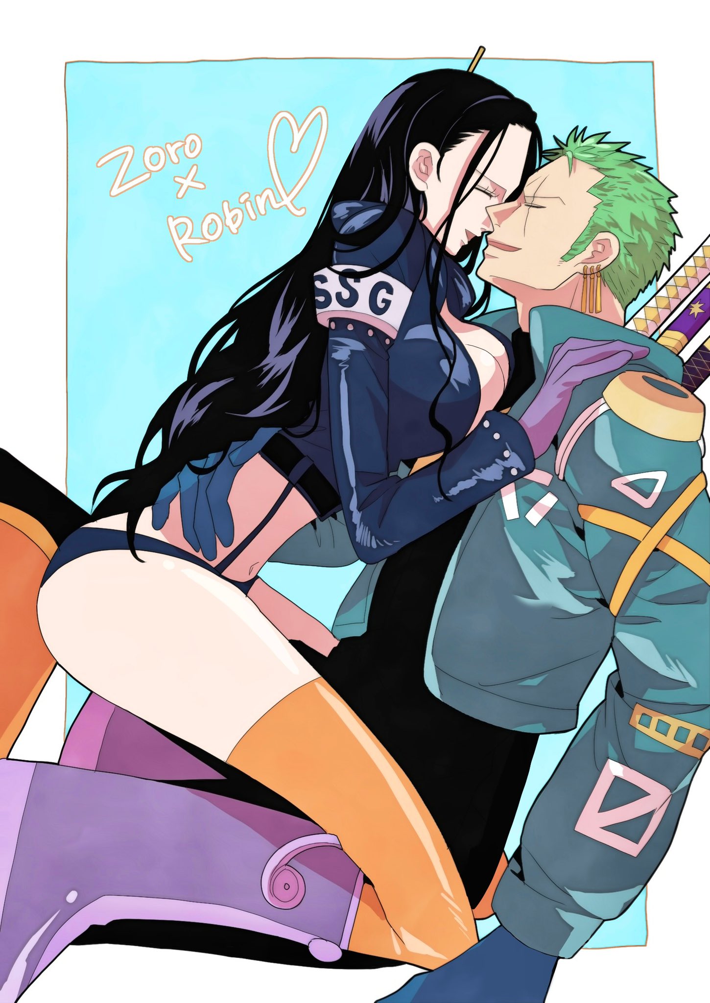 may snmk, nico robin, roronoa zoro, one piece, pantie, highres, 1boy, 1girl, ^ ^, black bodysuit, black boots, black hair, blue background, blue gloves, bodysuit, boots, border, character name, closed eyes, cropped jacket, earrings, gloves, jewelry, long hair, orange thighhighs, profile, purple boots, purple gloves, scar, scar across eye, scar on face, sideburns, sidelocks, smile, thighhighs, white border