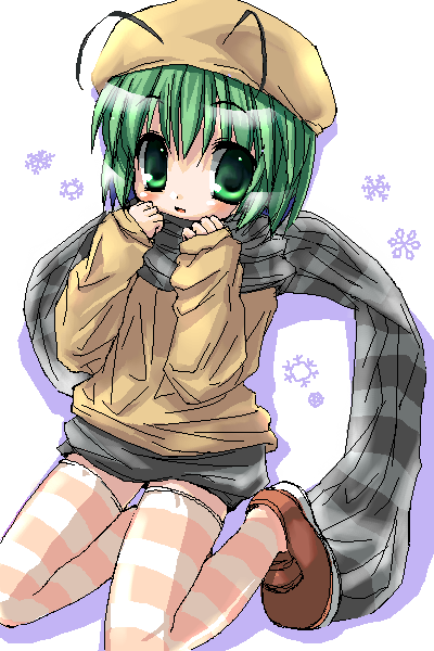 midori ya, ozaki, wriggle nightbug, touhou, 1girl, antennae, brown hat, female focus, green eyes, green hair, hat, matching hair/eyes, oekaki, scarf, snowflakes, solo, striped clothes, striped thighhighs, thighhighs