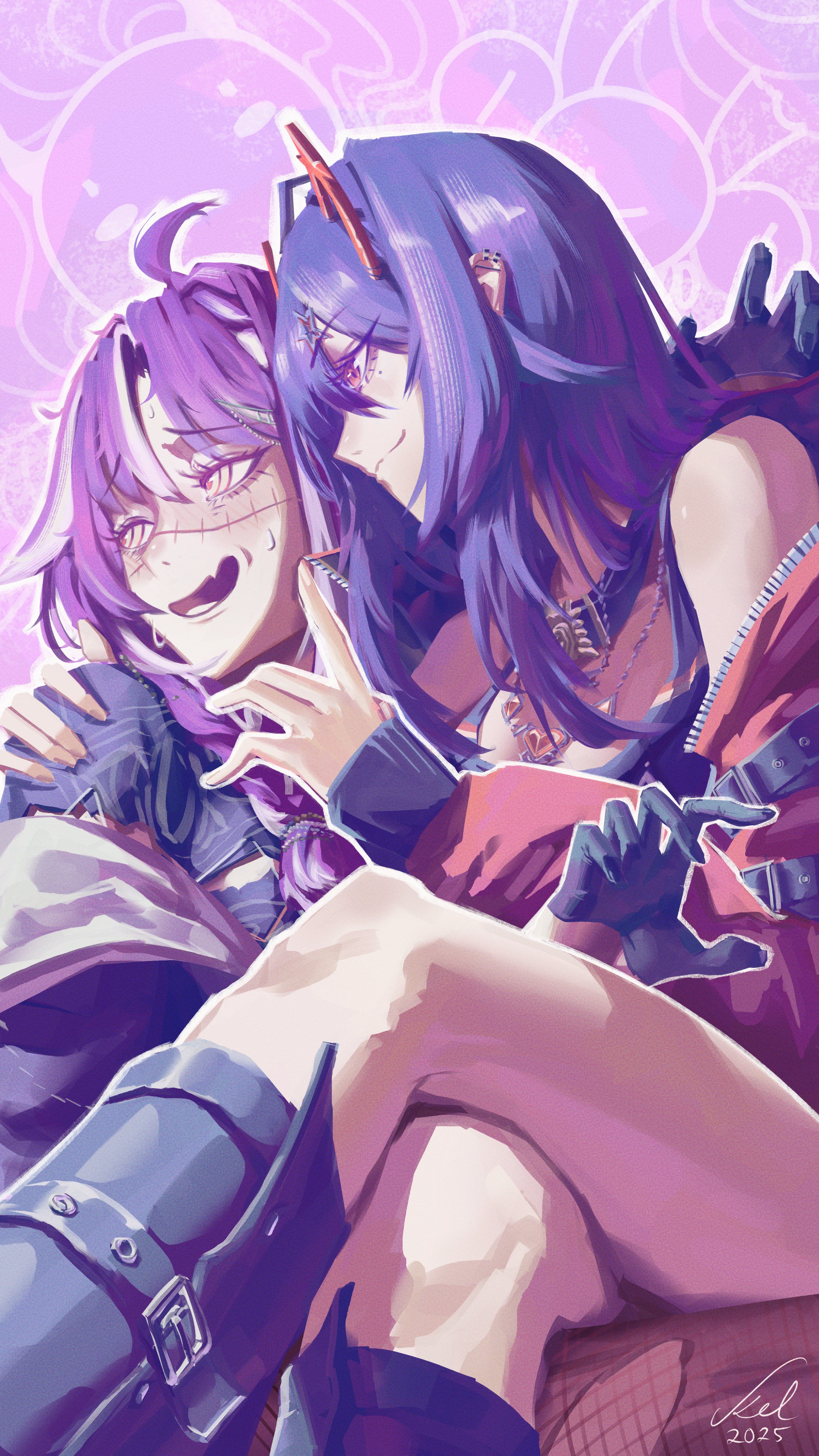 kaiharakel, akuma nihmune, michi mochievee, indie virtual youtuber, absurdres, highres, 2girls, arm around shoulder, black gloves, blush, closed mouth, crossed legs, fang, gloves, half gloves, long hair, mole, mole under eye, multiple girls, parted lips, purple hair, skin fang, stitched face, stitches, sweat, virtual youtuber, yuri