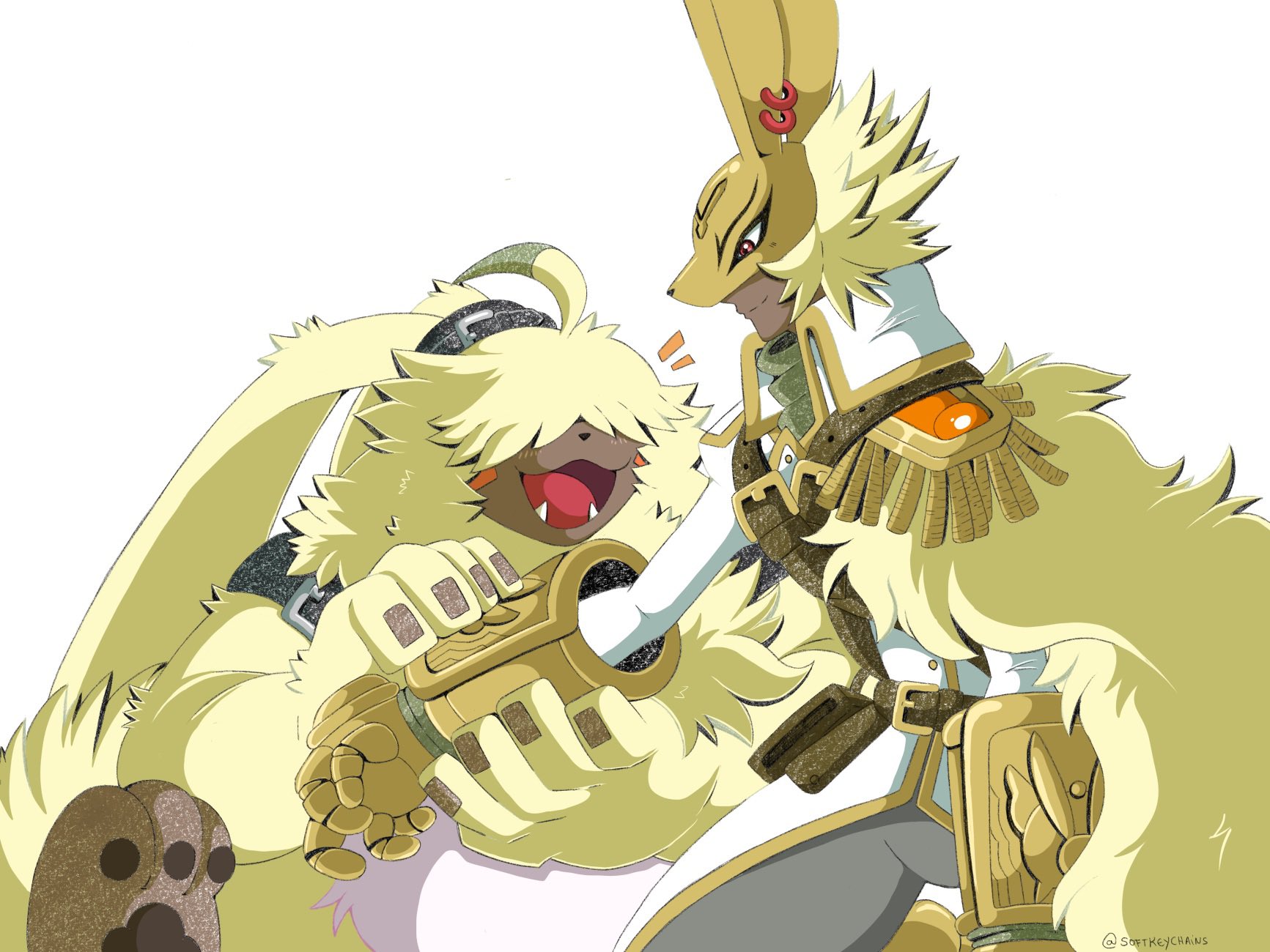 ana (softkeychains), angoramon, diarbbitmon, digimon, highres, 2boys, blonde hair, closed mouth, coat, cowboy shot, dark-skinned male, dark skin, digimon (creature), evolutionary line, mask, multiple boys, rabbit, rabbit mask, simple background, smile, white background, white coat