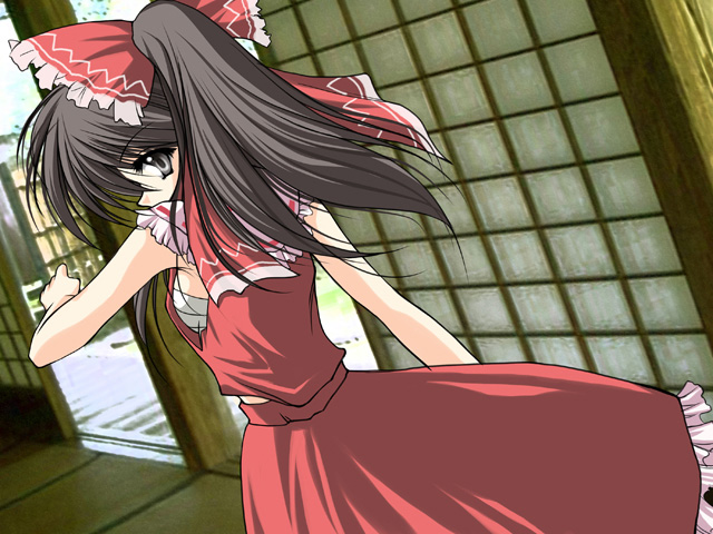 danshaku, hakurei reimu, touhou, 1girl, breasts, female focus, photo background, ponytail, ribbon, sarashi, sideboob, solo