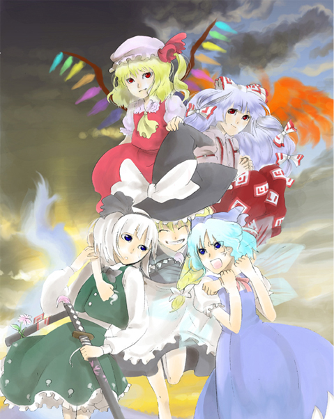 cirno, flandre scarlet, fujiwara no mokou, kirisame marisa, konpaku youmu, konpaku youmu (ghost), touhou, 5girls, blonde hair, female focus, fiery wings, hug, katana, multiple girls, sword, weapon, wings