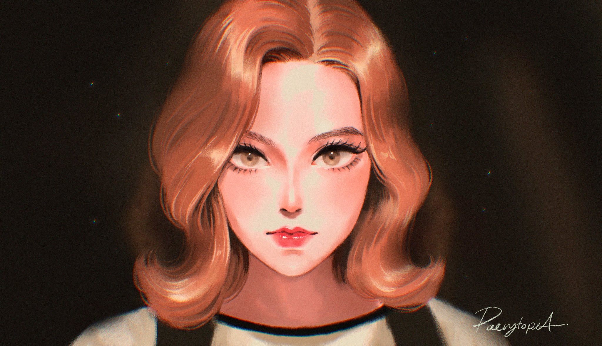 anya taylor-joy, elizabeth harmon, the queen's gambit, highres, making-of available, 1girl, black background, black eyeliner, brown eyes, brown hair, closed mouth, eyeliner, makeup, mascara, medium hair, paerytopiaa, pink lips, portrait, signature, solo, thai commentary