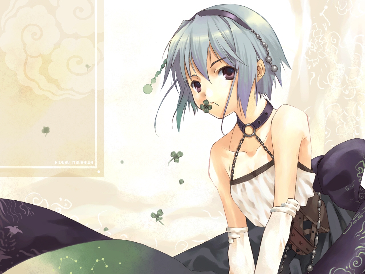 itsukawa kiduku, mizukabe, original, suigetsu, 1girl, bare shoulders, blue hair, brown eyes, choker, clover, dress, female focus, four-leaf clover, hairband, mouth hold, purple eyes, short hair, solo