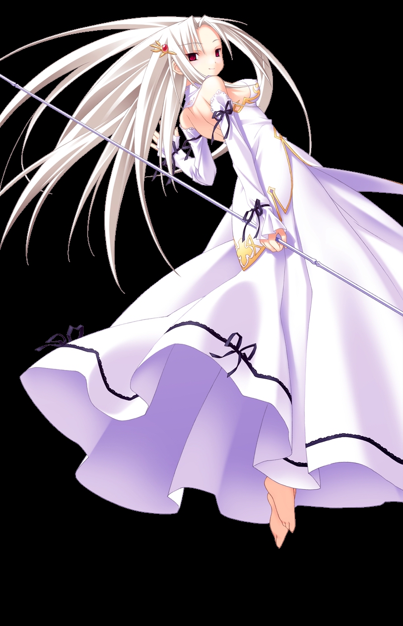game cg, highres, 1girl, barefoot, black background, breasts, detached sleeves, dress, female focus, long hair, medium breasts, red eyes, sideboob, solo, white hair