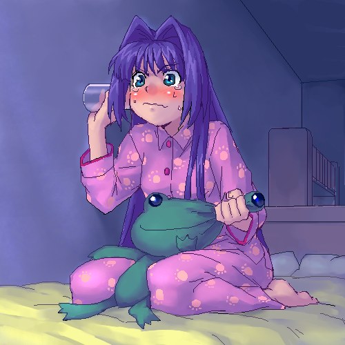 zen, keropi, keropii, minase nayuki, kanon, lowres, 1girl, barefoot, bed, blue eyes, blue hair, blush, ear to glass to door, eavesdropping, female focus, frog, glass, hair intakes, kneeling, long hair, matching hair/eyes, oekaki, pajamas, sitting, solo, stuffed animal, stuffed frog, stuffed toy, very long hair, wariza, wavy mouth