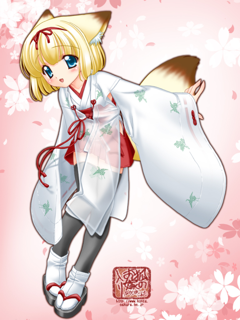 nakajima konta, koyuki (snow fox), snow fox, large variant set, variant set, animal ears, blonde hair, blue eyes, fox ears, japanese clothes, kimono, see-through clothes, short hair, solo, tabi, tail, thighhighs, zettai ryouiki