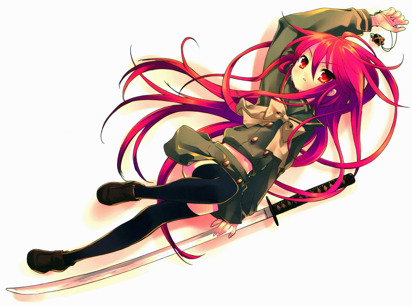 ito noizi, alastor (shakugan no shana), shana, shakugan no shana, official art, 00s, 1girl, black thighhighs, female focus, jewelry, katana, long hair, long sleeves, lying, necklace, pendant, red eyes, red hair, school uniform, serafuku, shoes, simple background, solo, sword, thighhighs, very long hair, weapon, zettai ryouiki