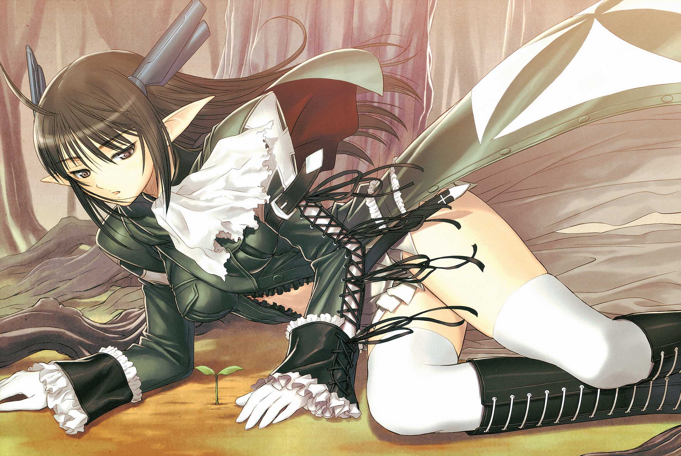tony taka, xecty ein, sega, shining (series), shining wind, highres, 1girl, boots, brown eyes, brown hair, elf, female focus, gloves, knee boots, long hair, pointy ears, solo, thighhighs