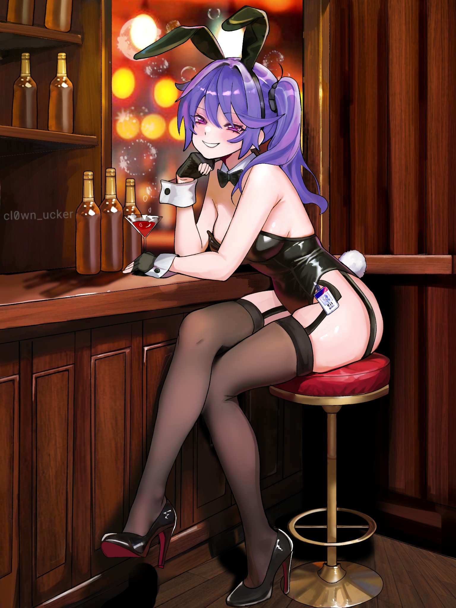 k11 (girls' frontline), girls' frontline, commentary, english commentary, highres, 1girl, alternate costume, animal ear hairband, animal ears, artist name, bar counter, bar stool, black bow, black bowtie, black gloves, black shoes, black thighhighs, bottle, bow, bowtie, cocktail glass, cup, detached collar, doosimpshmirtz, drinking glass, fake animal ears, fake tail, fingerless gloves, full body, garter straps, gloves, hairband, high heels, id card, indoors, leotard, looking at viewer, open mouth, playboy bunny, purple eyes, purple hair, rabbit ears, rabbit tail, shelf, shoes, side ponytail, sitting, smile, solo, stool, tail, thighhighs, twitter username, white mouth, white wrist cuffs, wrist cuffs