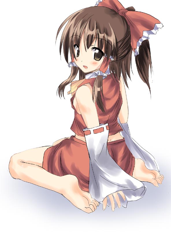 ryokushiki (midori-ya), hakurei reimu, touhou, bad id, bad pixiv id, 1girl, barefoot, feet, female focus, kneeling, sitting, solo