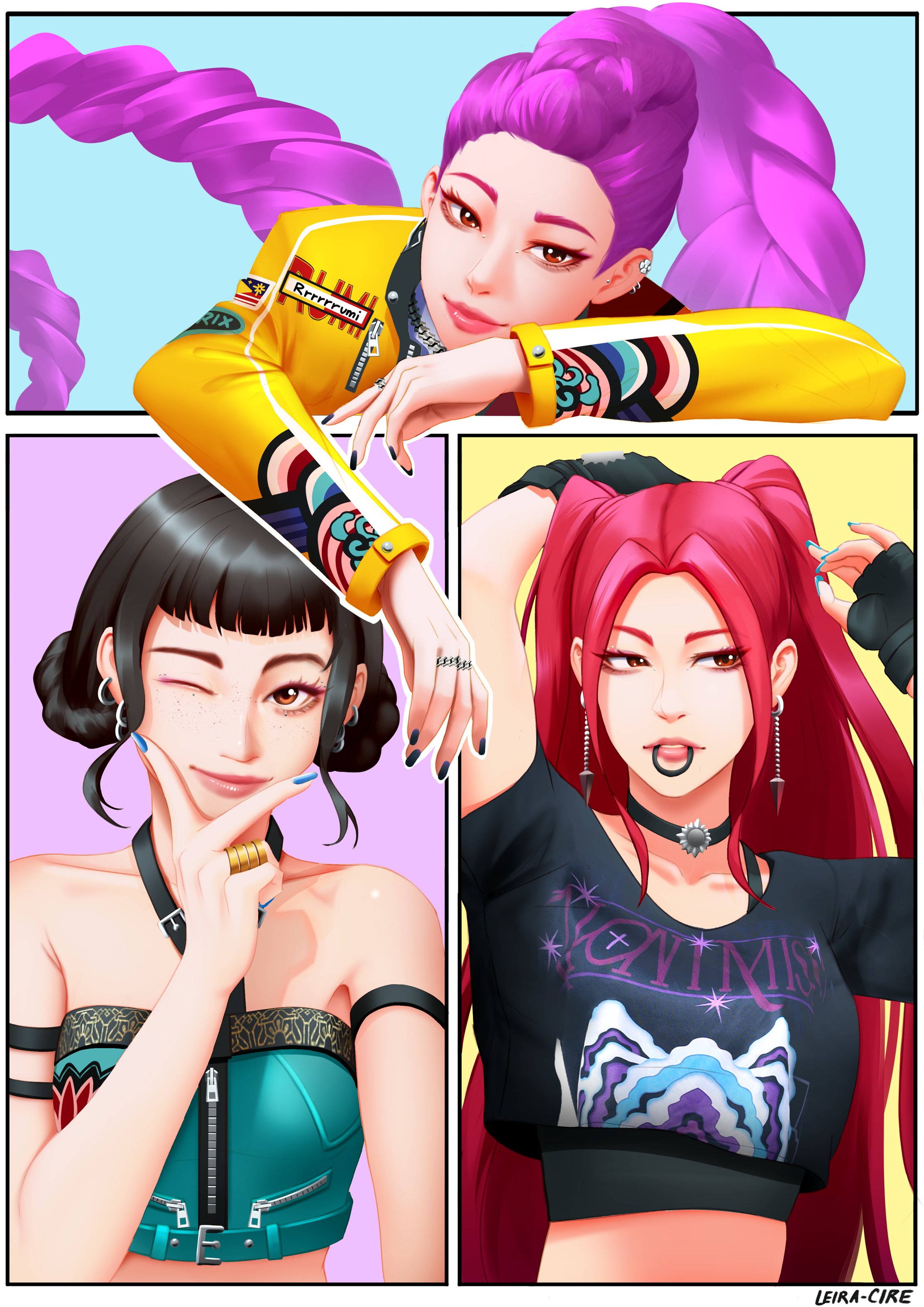 leira cire, mira (kpop demon hunters), rumi (kpop demon hunters), zoey (kpop demon hunters), kpop demon hunters, absurdres, commentary, english commentary, highres, 3girls, artist name, black nails, blue nails, braid, braided ponytail, brown eyes, choker, crop top, double bun, earrings, freckles, hair bun, halterneck, jacket, jewelry, kpop, long hair, multiple girls, one eye closed, purple hair, ring, smile, twintails, yellow jacket, zipper