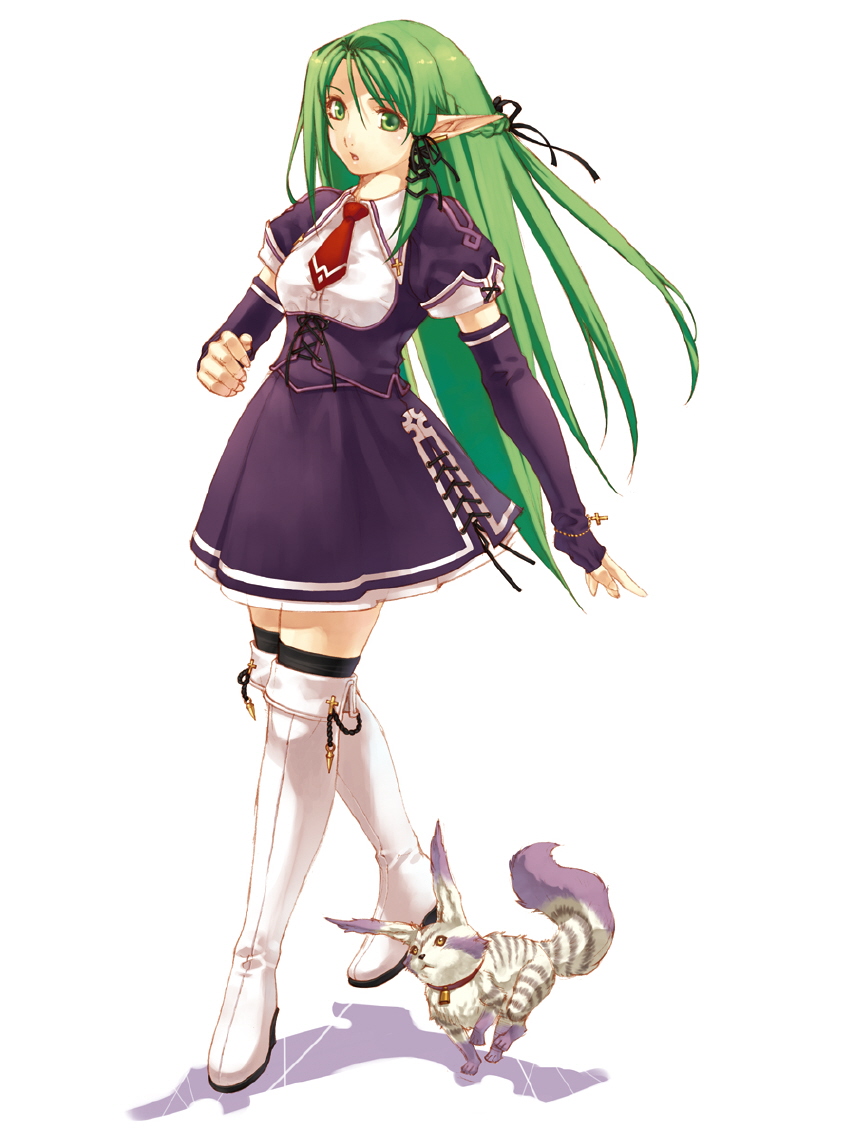 hirano katsuyuki, frederica (spectral souls), fredrika, spectral (series), spectral souls, corrupted metadata, official art, 1girl, :o, boots, bracelet, braid, breasts, cat, corset, cross, detached sleeves, dress, elbow gloves, female focus, fingerless gloves, full body, gloves, green eyes, green hair, hair ribbon, half updo, high heels, jewelry, latin cross, long hair, matching hair/eyes, necktie, open mouth, pointy ears, ribbon, school uniform, shadow, shoes, simple background, skirt, small breasts, solo, surprised, thigh boots, thighhighs, tress ribbon, very long hair, walking, white thighhighs, zettai ryouiki