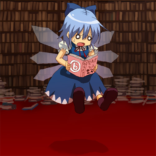 cirno, touhou, lowres, translated, 1girl, book, circled 9, dress, female focus, library, open book, reading, solo, sweat, upside-down book, voile, wings