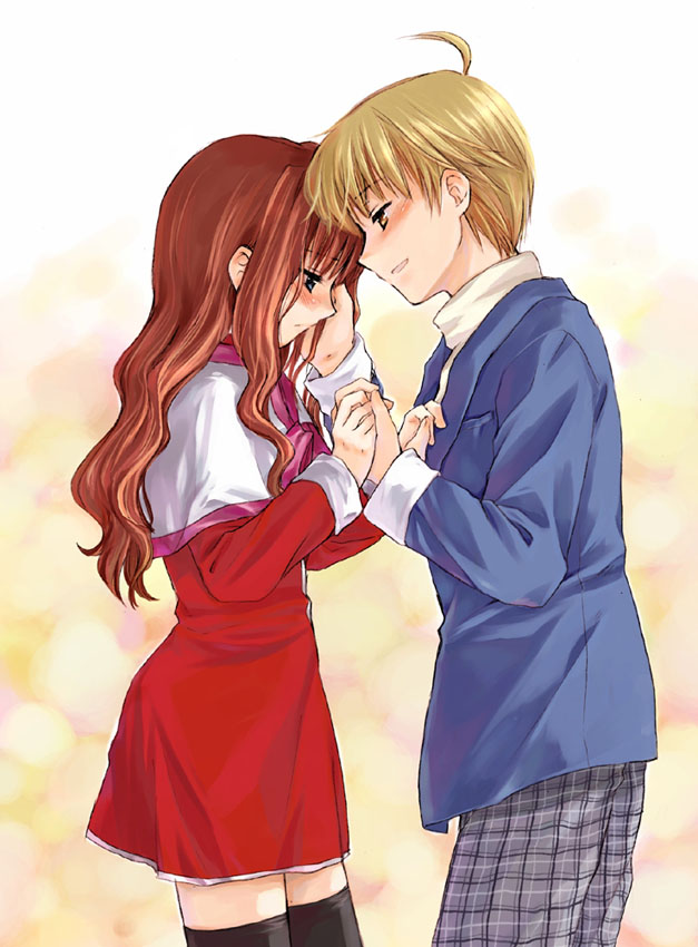 misaki juri, kitagawa jun, misaka kaori, kanon, 1boy, 1girl, blush, hetero, holding hands, red skirt, school uniform, serafuku, skirt, thighhighs