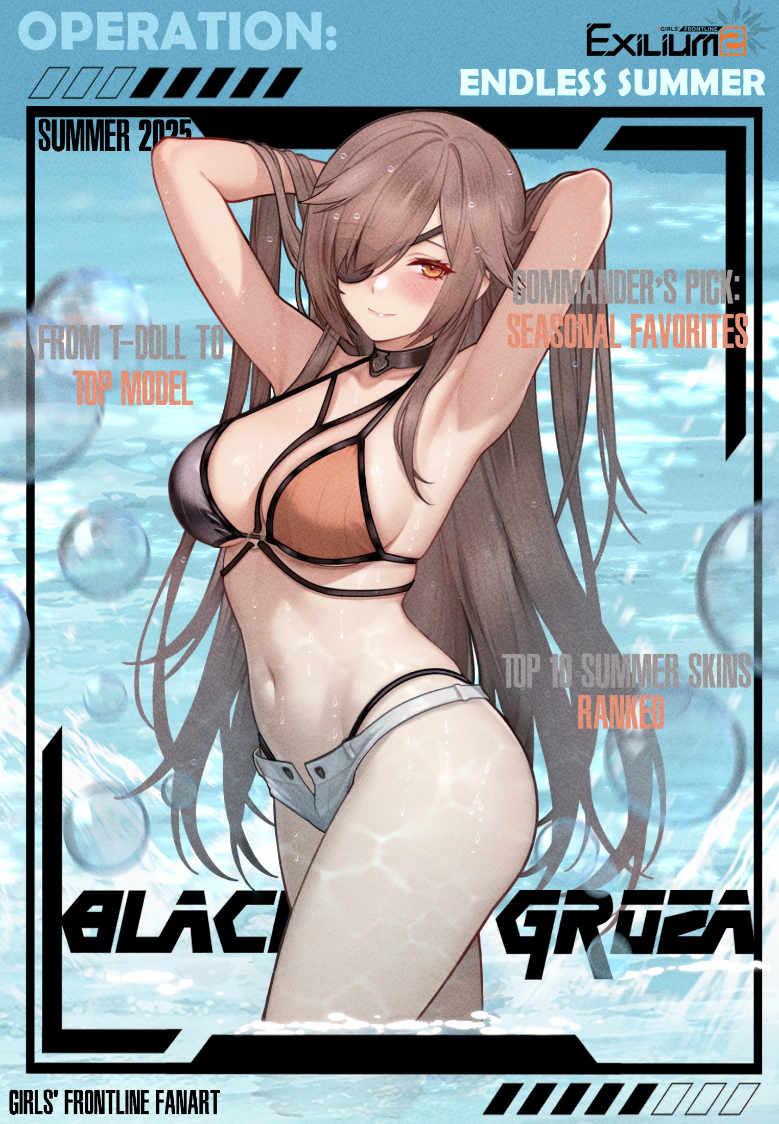 art undertaker, groza (girls' frontline 2), ots-14 (girls' frontline), girls' frontline, girls' frontline 2: exilium, commentary, english commentary, highres, spoilers, 1girl, alternate costume, armpits, arms behind head, arms up, bikini, black bikini, black choker, blush, brown bikini, brown hair, bubble, character name, choker, closed mouth, copyright name, cowboy shot, english text, eyepatch, highleg, highleg bikini, long hair, looking at viewer, micro shorts, multicolored bikini, open fly, orange eyes, partially submerged, shorts, smile, solo, swimsuit, two-tone bikini, water, white shorts