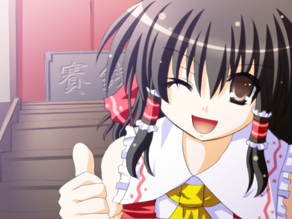 hakurei reimu, imperishable night, touhou, 1girl, female focus, one eye closed, solo, thumbs up, wink
