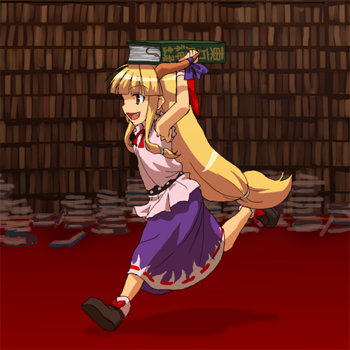ibuki suika, touhou, lowres, 1girl, :d, blonde hair, book, book on head, bookshelf, fang, female focus, horn ornament, horn ribbon, horns, indoors, library, long hair, object on head, open mouth, red eyes, ribbon, running, skirt, smile, solo, very long hair, voile
