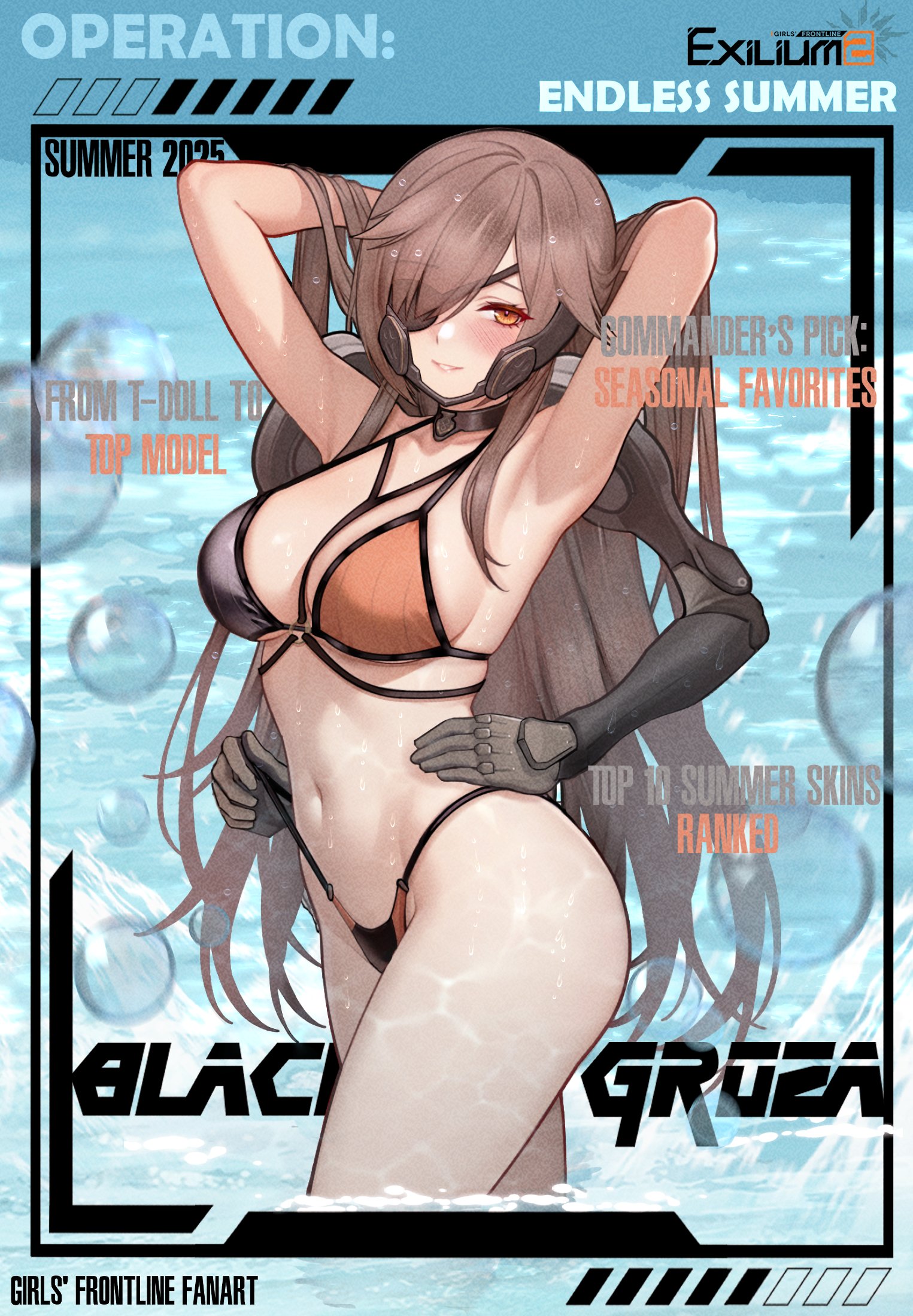 art undertaker, groza (girls' frontline 2), ots-14 (girls' frontline), girls' frontline, girls' frontline 2: exilium, commentary, english commentary, highres, spoilers, 1girl, alternate costume, armpits, arms behind head, arms up, bikini, bikini pull, black bikini, black choker, blush, brown bikini, brown hair, bubble, character name, choker, clothes pull, copyright name, cowboy shot, english text, eyepatch, highleg, highleg bikini, long hair, looking at viewer, mechanical arms, multicolored bikini, orange eyes, parted lips, partially submerged, smile, solo, swimsuit, two-tone bikini, water
