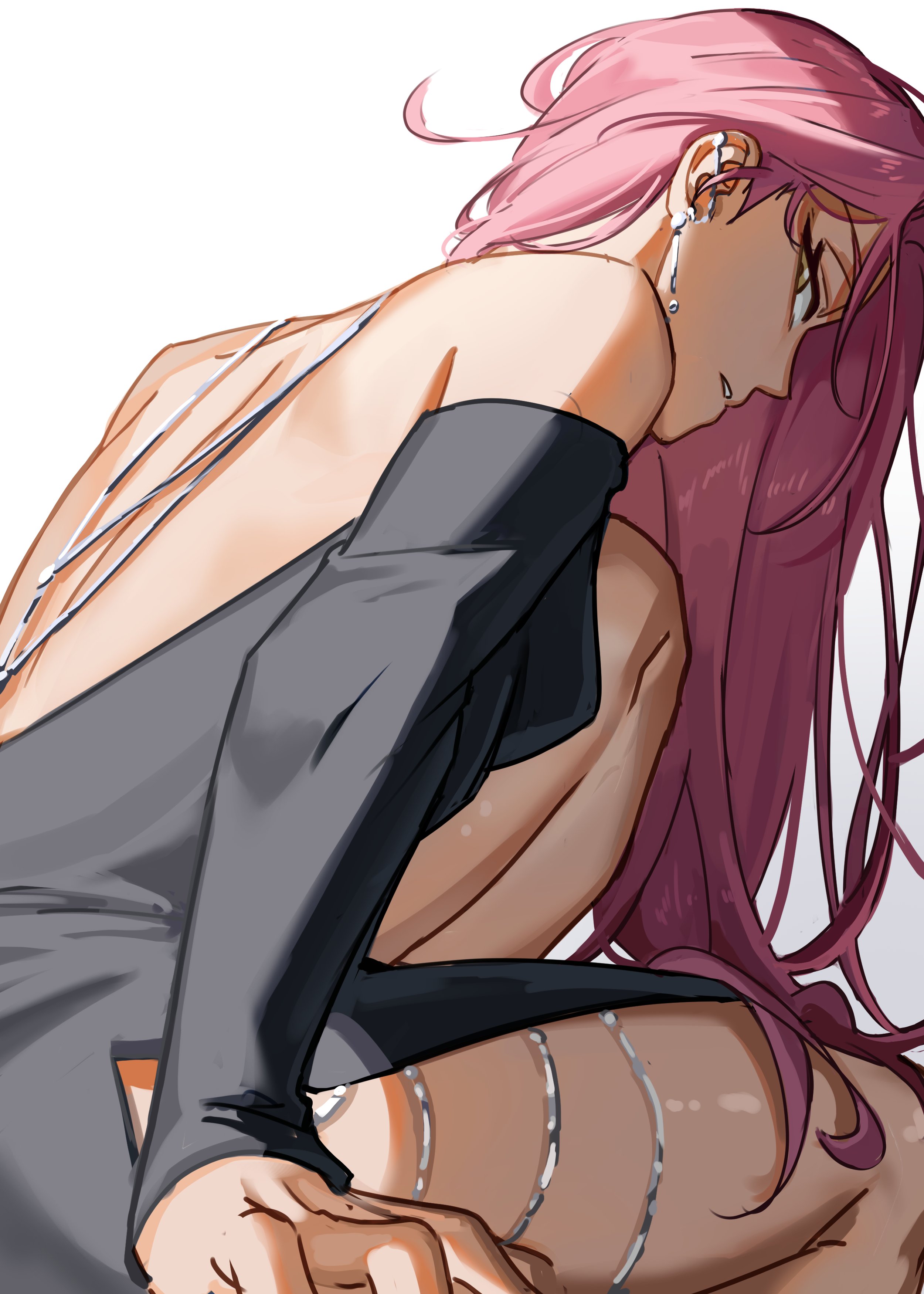 mizi (alien stage), alien stage, absurdres, commentary, english commentary, highres, 1girl, alternate costume, backless dress, backless outfit, black dress, dress, earrings, jewelry, kuradrawings, long sleeves, off-shoulder dress, off shoulder, parted lips, pink hair, silver earrings, sitting, solo, yellow eyes