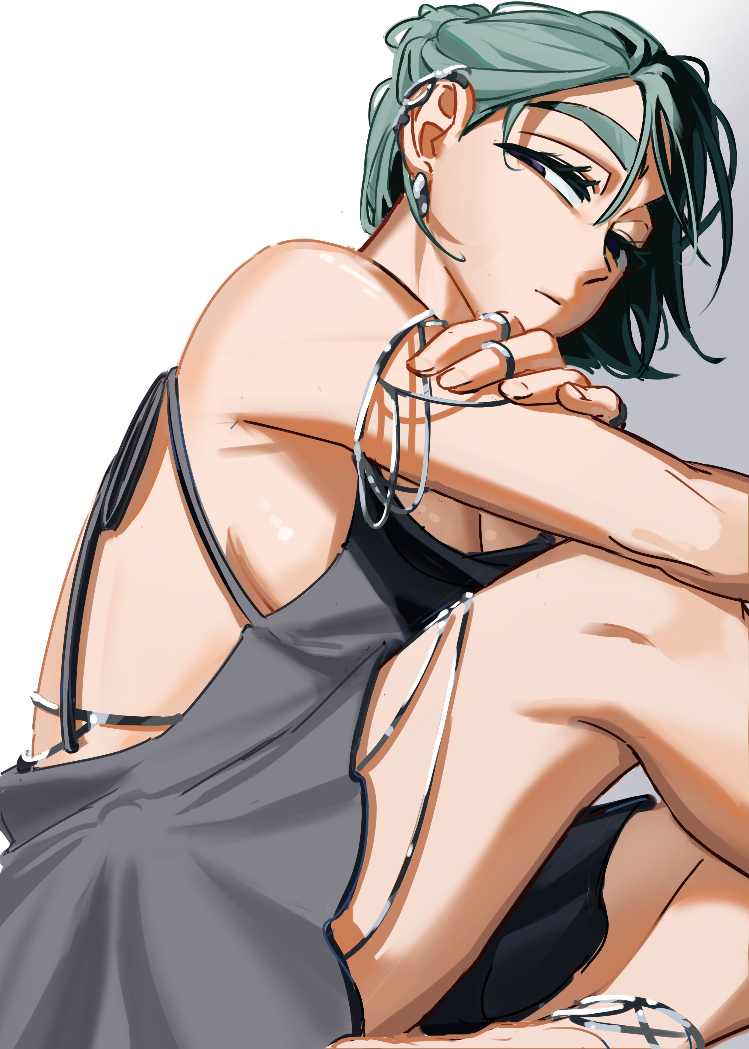 sua (alien stage), alien stage, absurdres, commentary, english commentary, highres, 1girl, alternate costume, backless dress, backless outfit, black dress, black hair, dress, ear cuffs, half-closed eyes, hand on own arm, kuradrawings, short hair, sitting, solo