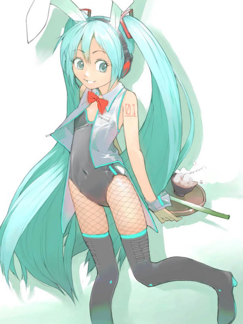 akinbo (hyouka fuyou), sakura hanpen, hatsune miku, sakura sakura, vocaloid, jpeg artifacts, animal ears, aqua eyes, aqua hair, black pantyhose, black thighhighs, boots, bow, fake animal ears, fishnet pantyhose, fishnets, food, hair ornament, headset, leotard, long hair, navel, pantyhose, playboy bunny, rabbit ears, smile, solo, spring onion, thigh boots, thighhighs, tray, twintails, very long hair, vest
