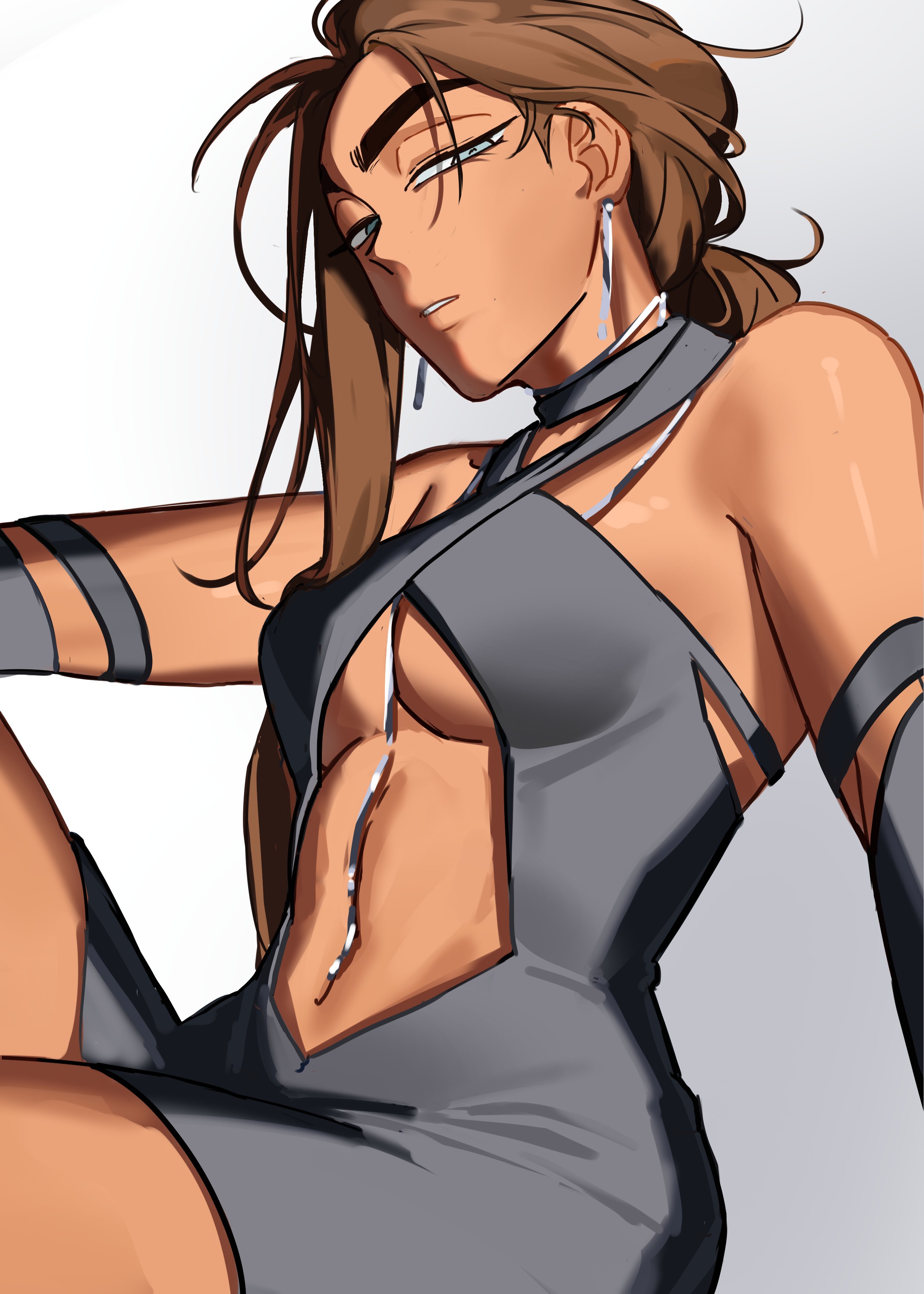 hyuna (alien stage), alien stage, absurdres, commentary, english commentary, highres, 1girl, alternate costume, black dress, breasts, brown hair, clothing cutout, dress, earrings, grey eyes, half-closed eyes, halter dress, halterneck, jewelry, kuradrawings, long hair, parted lips, silver earrings, sitting, solo, stomach cutout, underboob