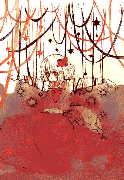 rumia, embodiment of scarlet devil, touhou, tied up, artist request, 1girl, ascot, blonde hair, bound, female focus, frills, hair ornament, long sleeves, outstretched arms, planet, red eyes, ribbon, shirt, short hair, skirt, skirt set, solo, spread arms, star (symbol), vest, white hair