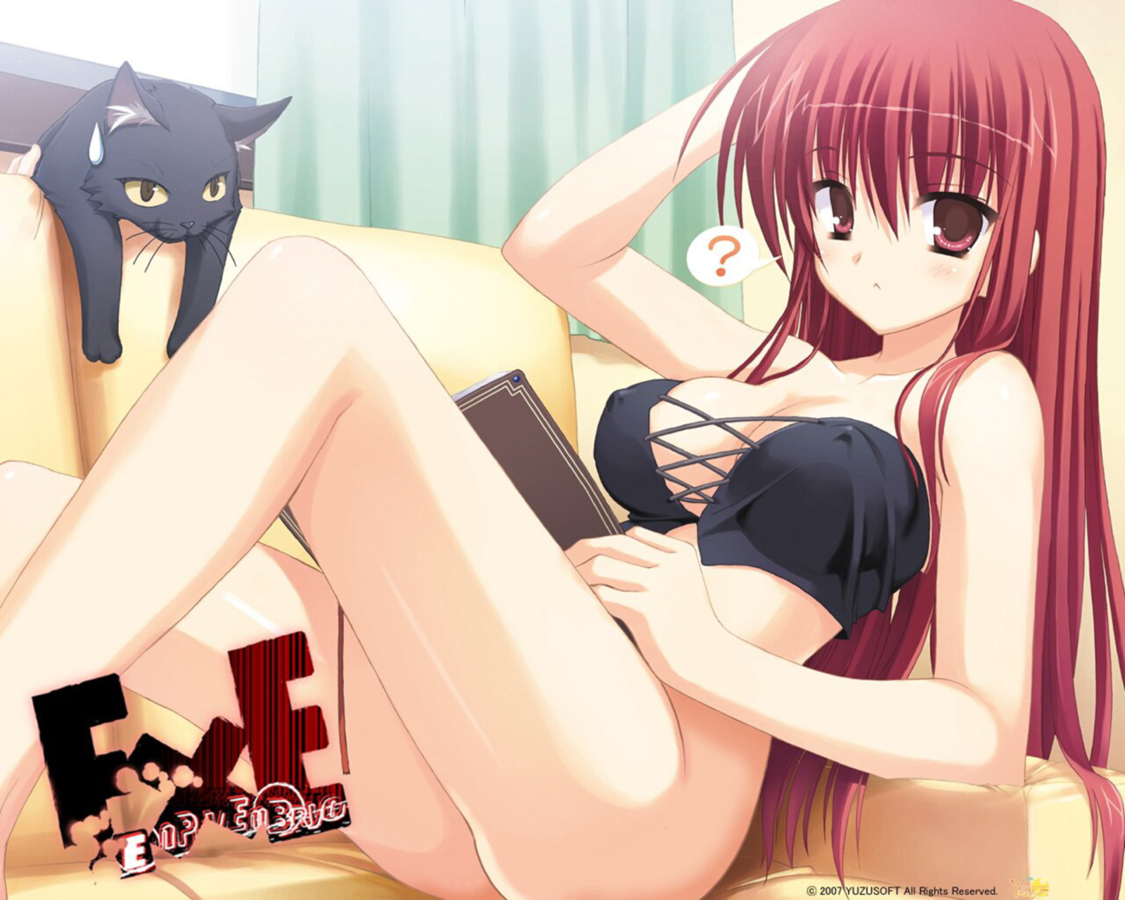 kobuichi, muririn, kifune mio, empty x embryo, highres, 1girl, ?, bare legs, book, bottomless, breasts, cat, cleavage, couch, covered erect nipples, female focus, large breasts, legs, long hair, lying, no panties, red eyes, red hair, sitting, solo, sweatdrop