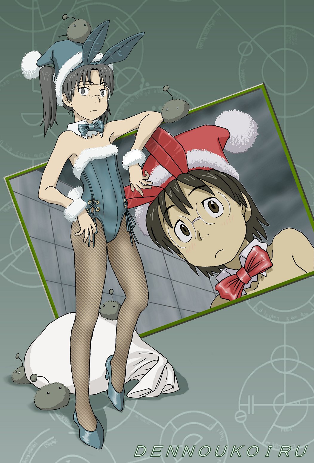 nyororiso (muyaa), amasawa yuuko, mojo (dennou coil), okonogi yuuko, dennou coil, bad id, bad pixiv id, highres, 00s, 2girls, animal ears, bow, brown eyes, brown hair, christmas, collar, copyright name, detached collar, fake animal ears, fishnet pantyhose, fishnets, glasses, hat, multiple girls, pantyhose, playboy bunny, rabbit ears, santa hat, short hair, twintails