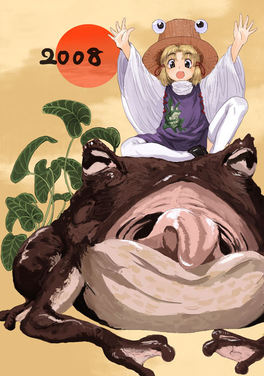 tsurui, moriya suwako, touhou, 00s, 1girl, 2008, :o, animal, arms up, blonde hair, female focus, frog, hat, o/, open mouth, outstretched arms, outstretched hand, oversized animal, plant, riding, short hair, sitting, solo, straw hat, sun, thighhighs, tongue, white thighhighs