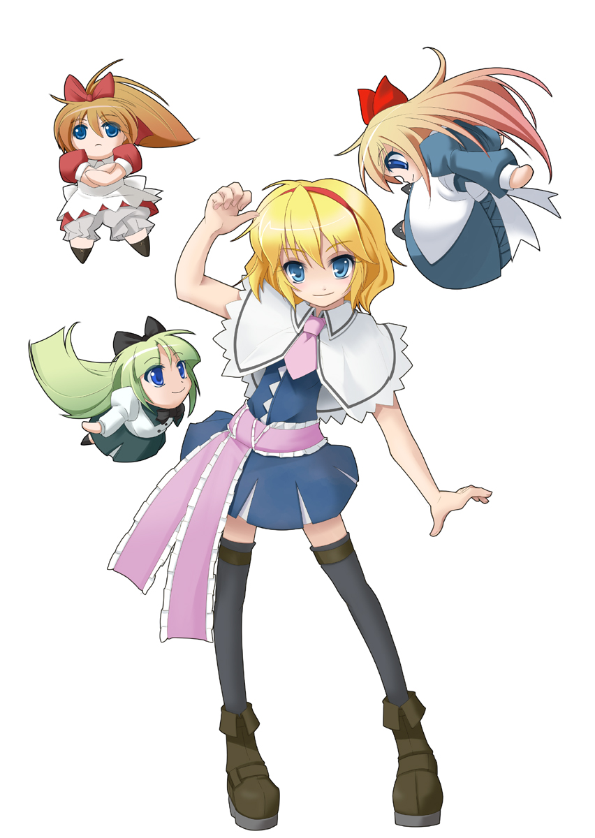 wapokichi, alice margatroid, hourai doll, shanghai doll, touhou, highres, >:), 1girl, apron, arm up, black thighhighs, blonde hair, blue eyes, blue skirt, boots, bow, bowtie, capelet, chibi, crossed arms, dress, female focus, floating, frills, green hair, hairband, head tilt, long hair, looking at viewer, miniskirt, necktie, orange hair, puffy sleeves, red dress, sash, shirt, short hair, simple background, skirt, smile, solo, standing, thighhighs, v-shaped eyebrows, very long hair, waist apron, white background, zettai ryouiki