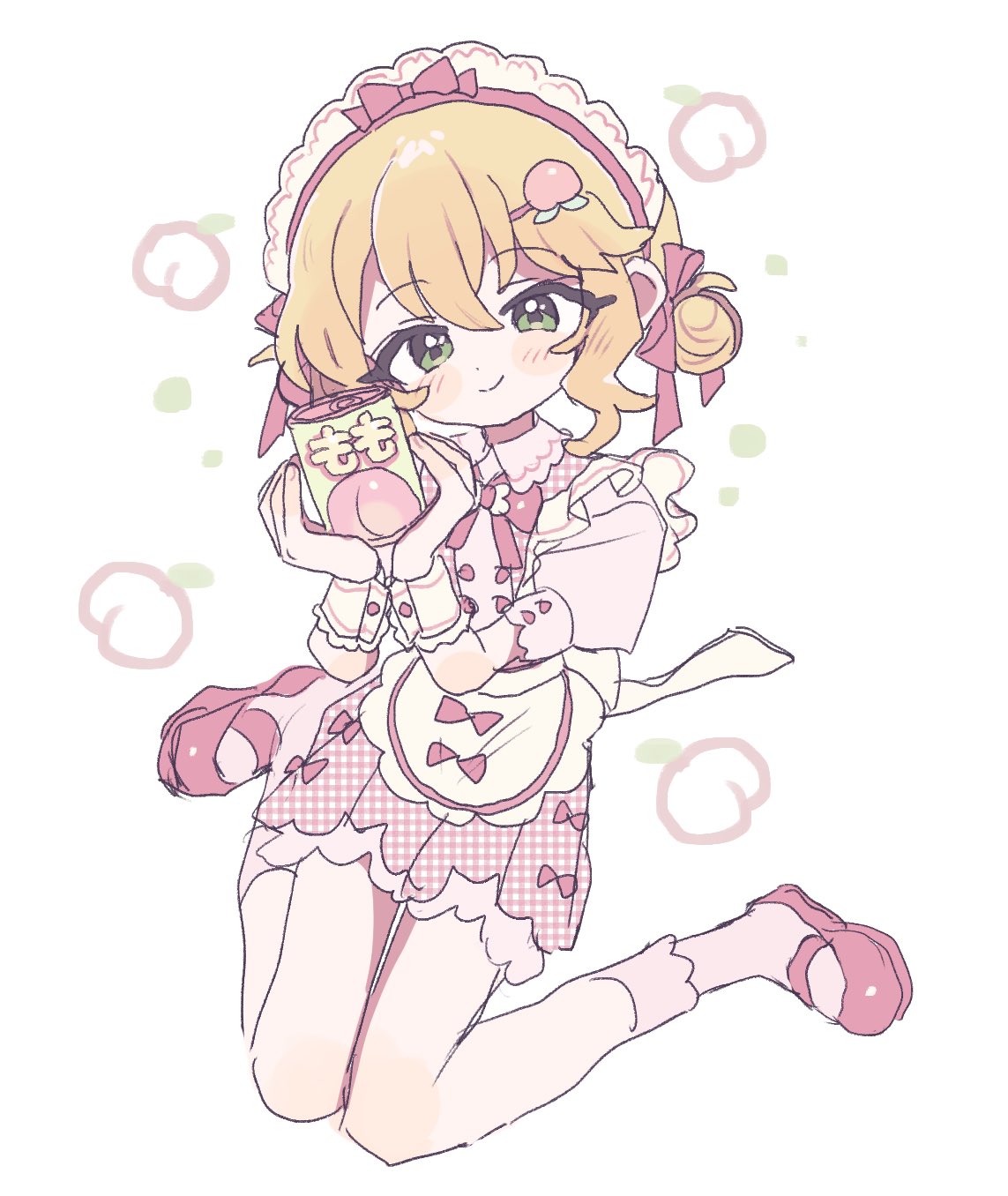 pnt 0202, sakurai momoka, idolmaster, idolmaster cinderella girls, highres, 1girl, apron, blush stickers, breasts, can, closed mouth, dress, food, food-themed hair ornament, fruit, full body, green eyes, hair bun, hair ornament, holding, holding can, long hair, maid apron, maid headdress, peach, peach hair ornament, pink dress, pink shoes, pink socks, shoes, short hair, short sleeves, simple background, sitting, smile, socks, solo, white background