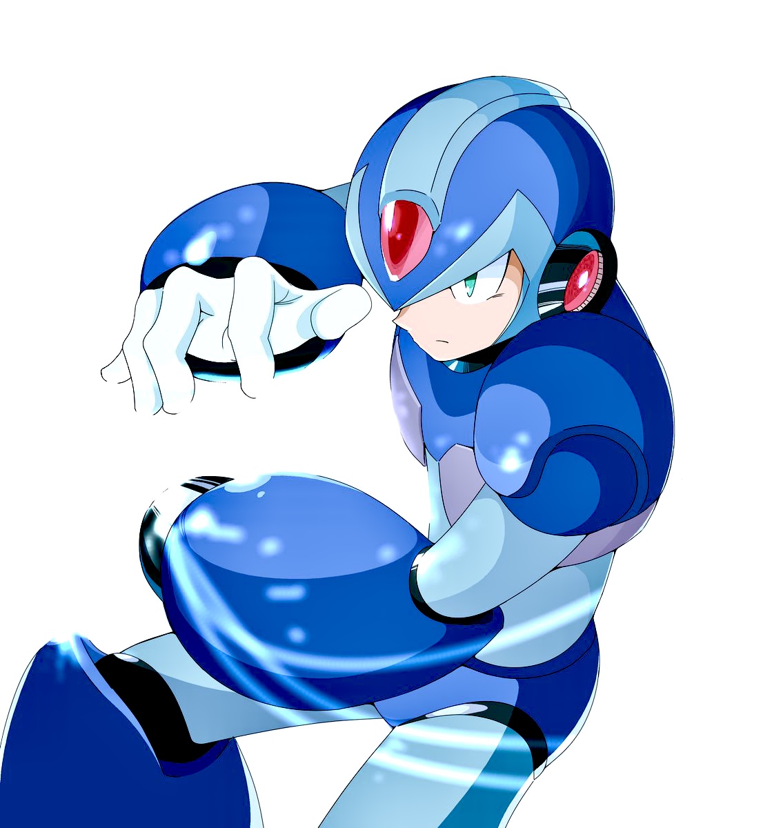 slyger ex, x (mega man), mega man (series), mega man x (series), highres, 1boy, android, arm cannon, armor, blue armor, blue helmet, cowboy shot, forehead jewel, green eyes, helmet, male focus, simple background, solo, weapon, white background