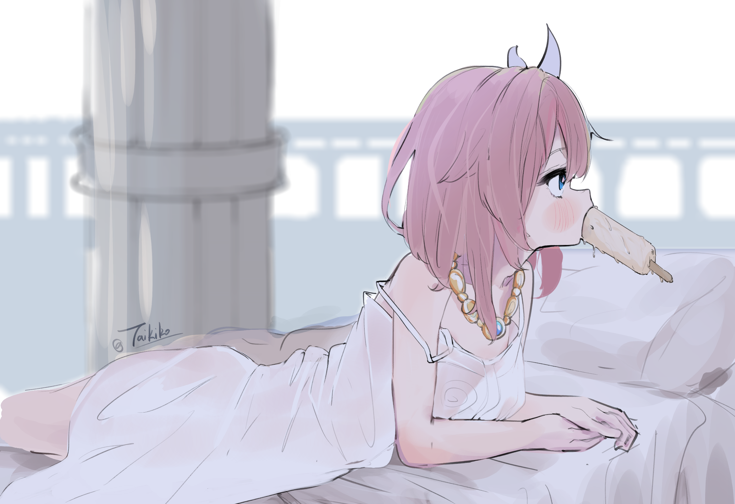 rs (airglow), cyrene (honkai: star rail), honkai: star rail, honkai (series), commentary request, highres, 1girl, artist name, blue eyes, dress, flat chest, food, food in mouth, from side, hair ornament, indoors, jewelry, necklace, on bed, pink hair, popsicle, popsicle in mouth, sexually suggestive, short hair, solo, stone pillar, white dress