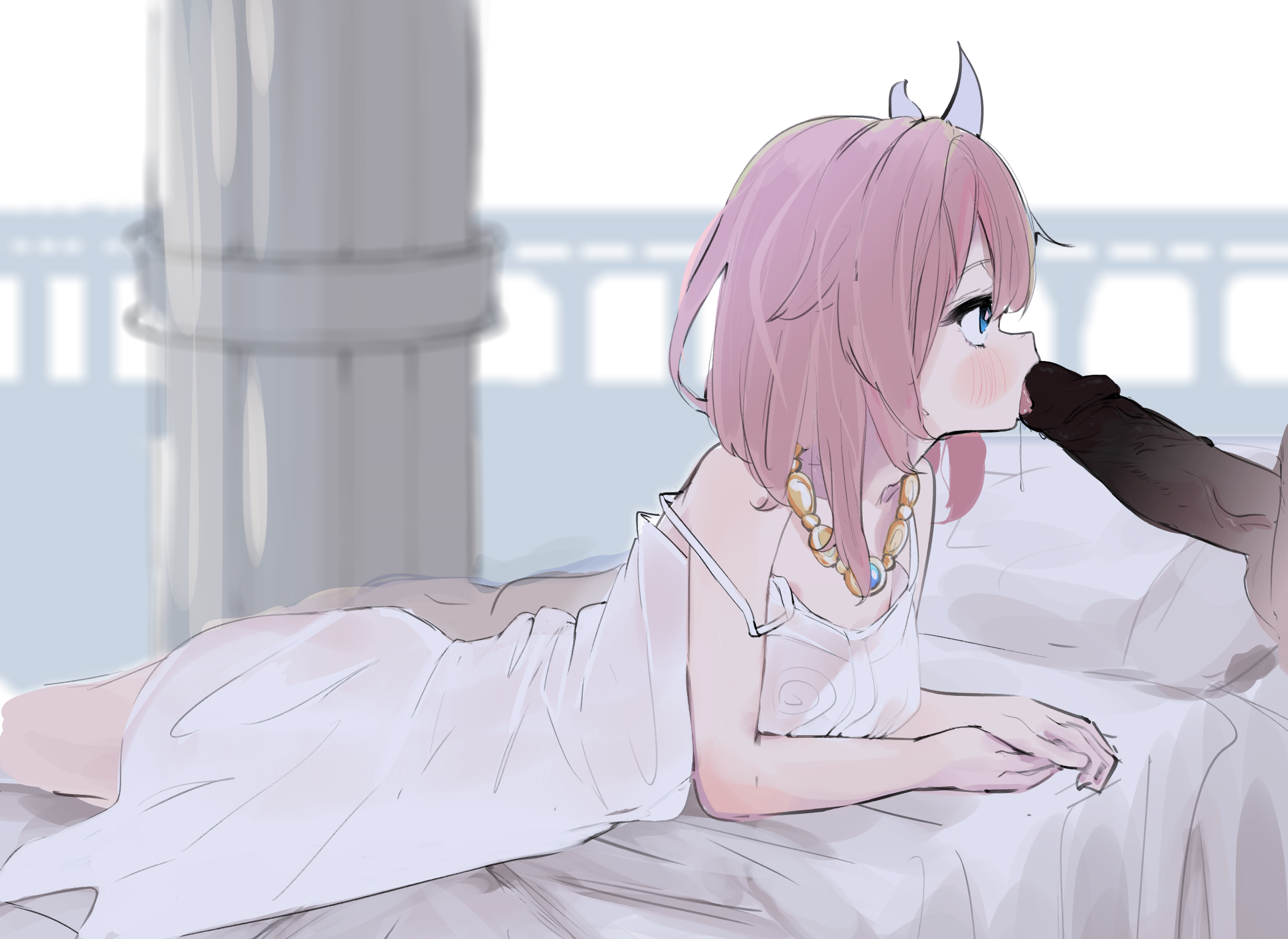 rs (airglow), cyrene (honkai: star rail), honkai: star rail, honkai (series), commentary request, highres, 1boy, 1girl, artist name, blue eyes, dress, fellatio, flat chest, from side, hair ornament, hetero, indoors, jewelry, licking, licking penis, necklace, on bed, oral, penis, pink hair, short hair, stone pillar, white dress