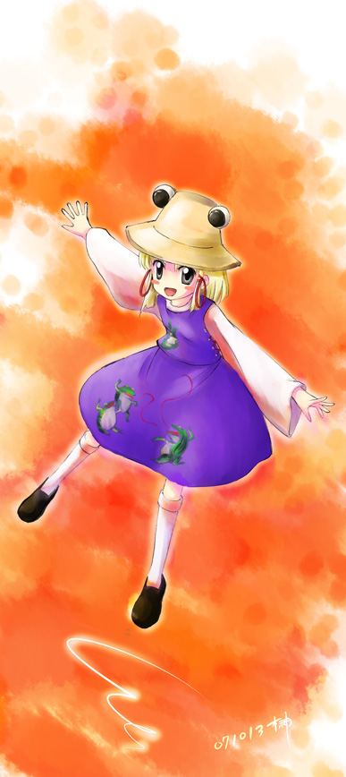 sakaki soshi, moriya suwako, touhou, 1girl, animal print, black eyes, black shoes, blonde hair, dated, female focus, frog print, full body, hair ribbon, hat, kneehighs, long sleeves, looking at viewer, outstretched arms, purple skirt, red ribbon, ribbon, shoes, simple background, skirt, skirt set, sleeveless, socks, solo, tress ribbon, vest, white socks, wide sleeves
