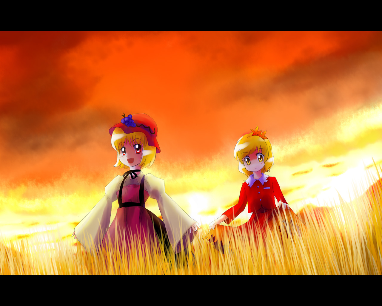 sakaki soshi, aki minoriko, aki shizuha, touhou, 2girls, autumn leaves, female focus, field, leaf, letterboxed, multiple girls, siblings, sisters, skirt hold, sunset