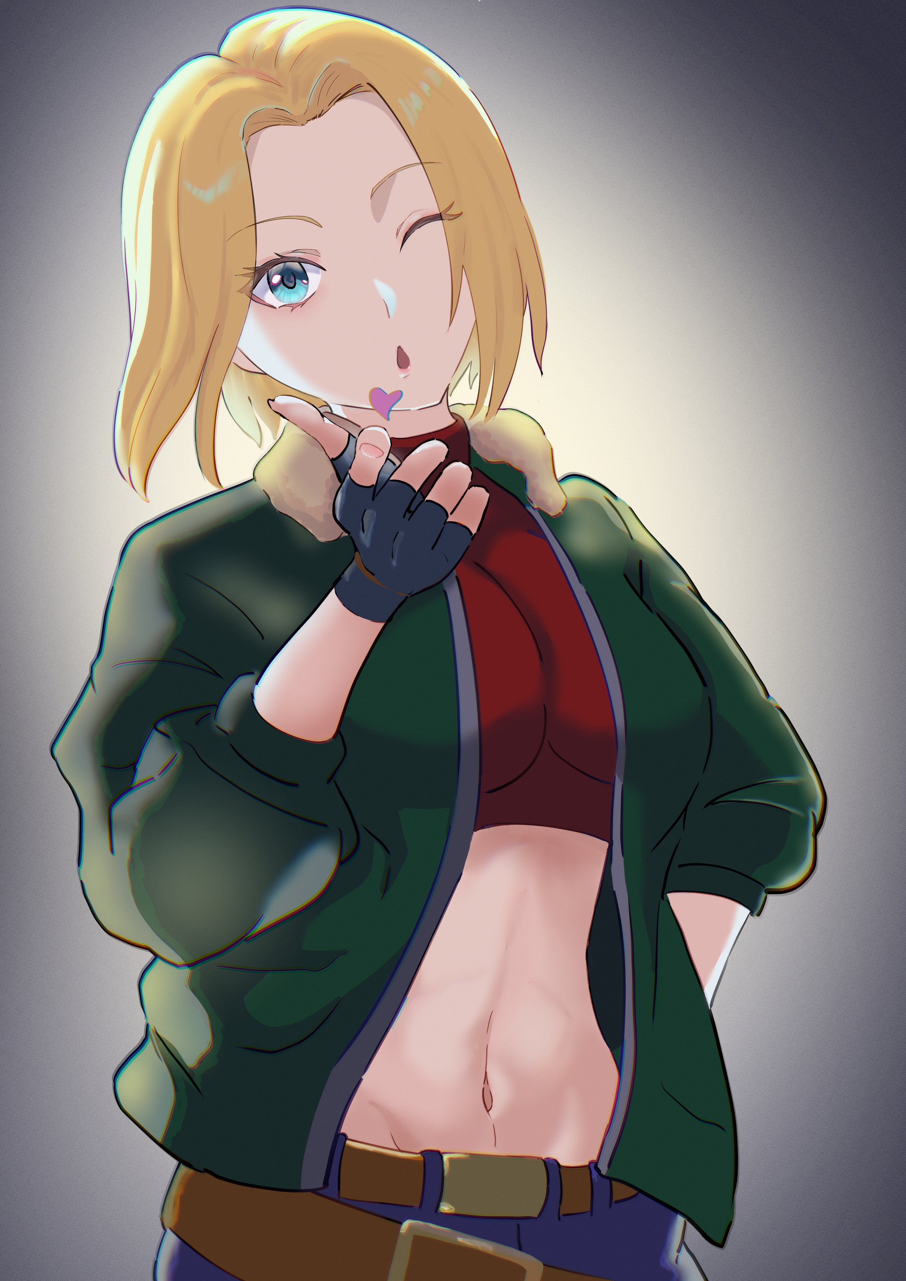 hidora1716, blue mary, fatal fury, snk, the king of fighters, 1girl, belt, blonde hair, blowing kiss, blue eyes, breasts, fingerless gloves, gloves, jacket, large breasts, looking at viewer, midriff, navel, one eye closed, solo, wink