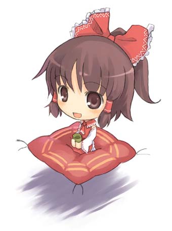 kito (sorahate), hakurei reimu, touhou, duplicate, lowres, 1girl, ascot, chibi, cup, female focus, full body, japanese clothes, miko, ponytail, red ascot, simple background, sitting, solo, teacup, white background