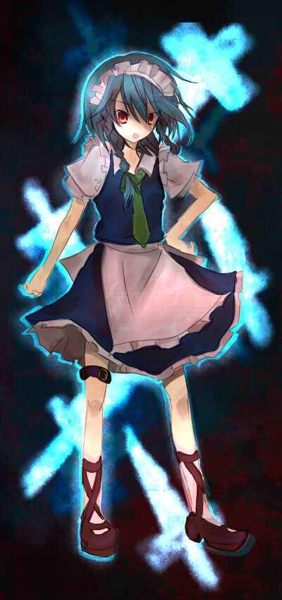 izayoi sakuya, touhou, silver hair, 1girl, braid, brown shoes, cross, dress, female focus, full body, maid, shoes, solo, twin braids