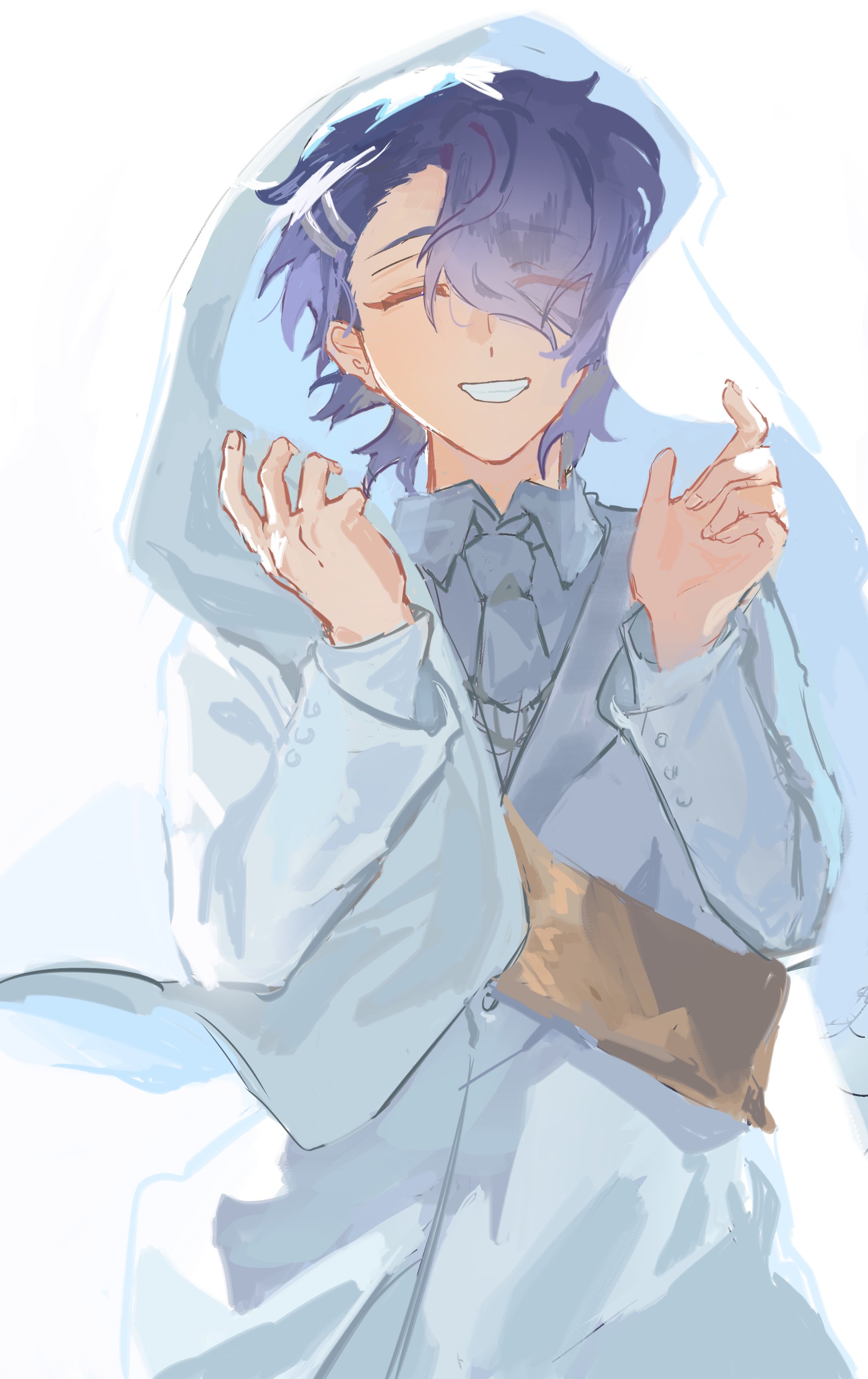 sakurai haruka (milgram), milgram, fluffy hair, absurdres, highres, 1boy, arms up, blazer, blue hair, buttoned cuffs, buttons, closed mouth, collar, collared shirt, formal clothes, grin, hair between eyes, hair ornament, hair over one eye, hairline, hairpin, jacket, long sleeves, male focus, multiple hairpins, necktie, one eye covered, open mouth, sash, shirt, short hair, simple background, smile, solo, suit, veil, white background, white shirt, white veil