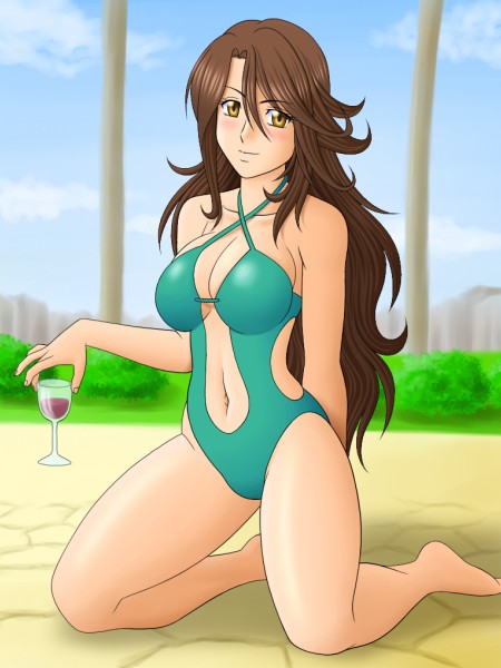 haru (hall), sumeragi lee noriega, gundam, gundam 00, 00s, 1girl, alcohol, arms behind back, bare shoulders, barefoot, blush, breasts, brown hair, casual one-piece swimsuit, center opening, cloud, cup, day, drinking glass, facing viewer, female focus, full body, green one-piece swimsuit, halterneck, kneeling, light blush, looking at viewer, medium breasts, navel, on floor, one-piece swimsuit, outdoors, sky, solo, swimsuit, wine, wine glass