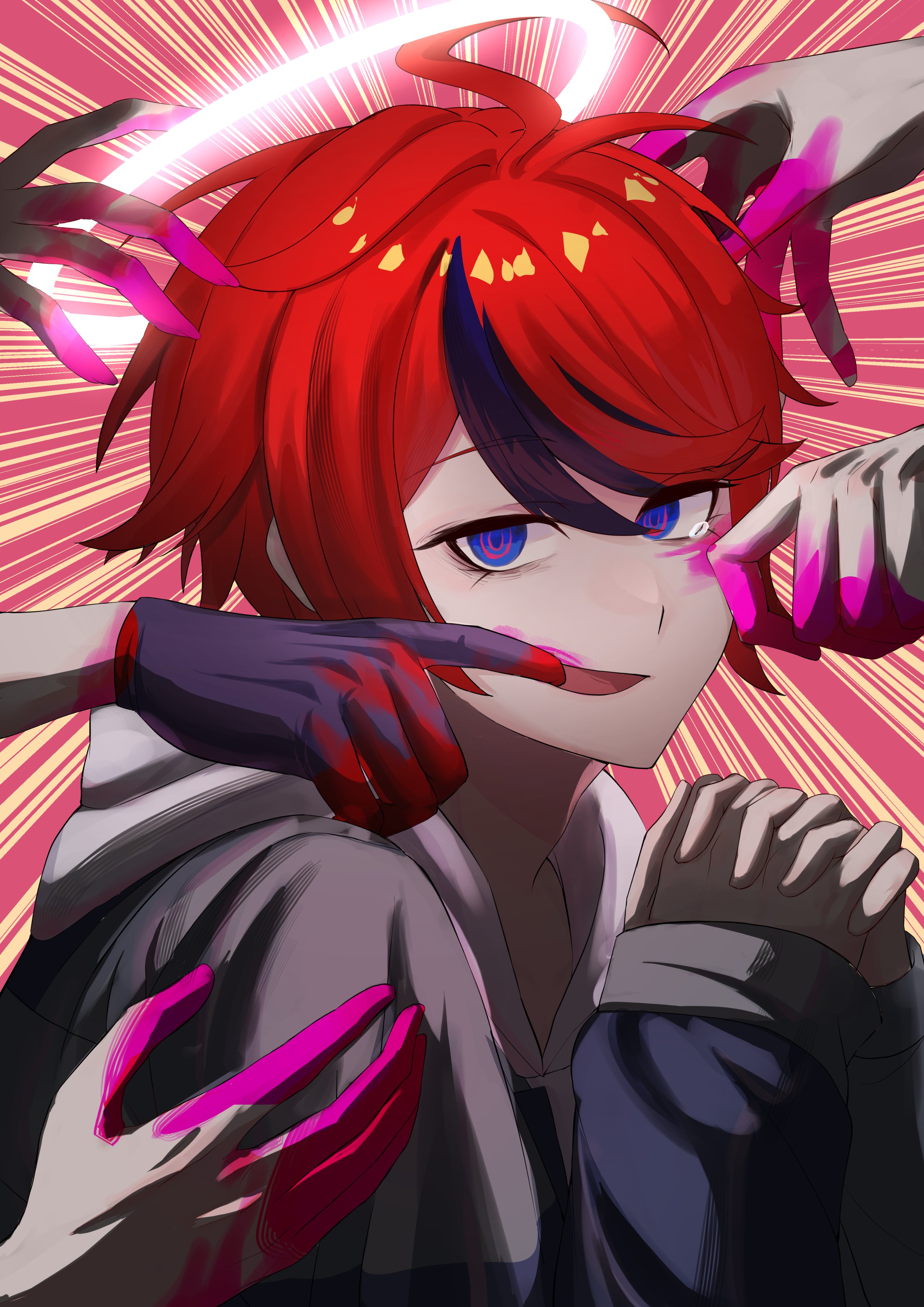 sumino takumi, the hundred line -last defense academy-, absurdres, commentary, highres, 1boy, 5others, ahoge, black gloves, black streaks, blood, blood on face, blood on gloves, blue eyes, blue jacket, dongur1 0606, emphasis lines, gloves, glowing, glowing halo, grey jacket, halo, hood, hoodie, interlocked fingers, jacket, jacket over hoodie, male focus, mouth pull, multicolored hair, multicolored jacket, multiple others, out of frame, own hands clasped, own hands together, pink blood, red background, red hair, short hair, streaked hair, tearing up, two-tone background, two-tone jacket, white hoodie, yellow background