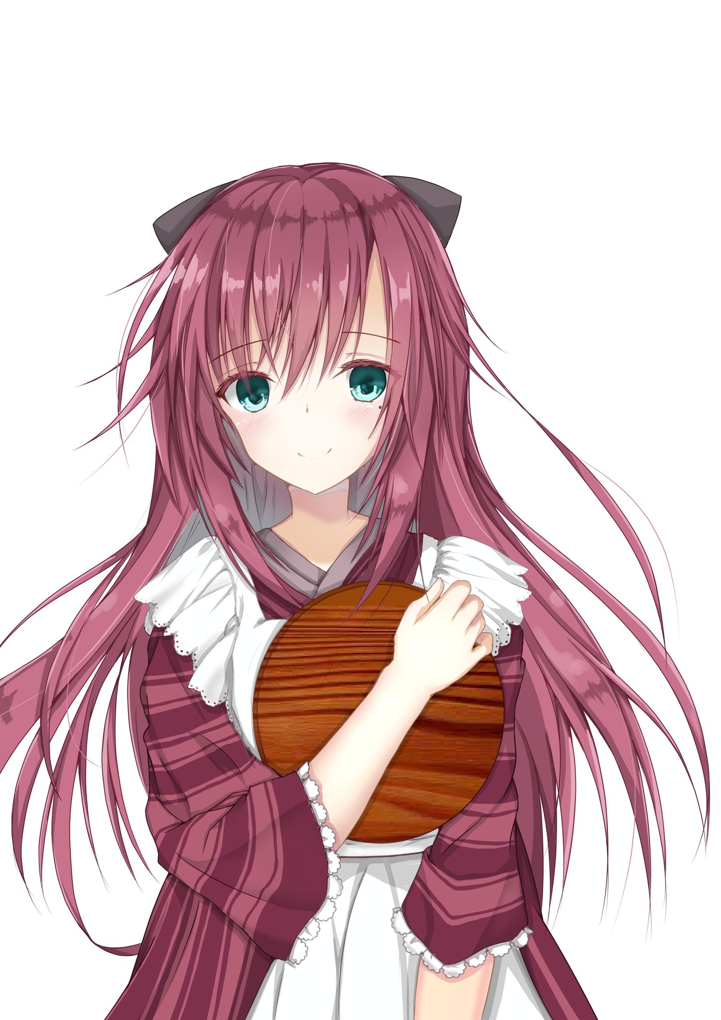 all justice, maniwa roka, senren banka, commentary request, highres, 1girl, apron, aqua eyes, black bow, blush, bow, closed mouth, colored eyelashes, eyelashes, eyes visible through hair, floating hair, frilled apron, frilled sleeves, frills, hair between eyes, hair bow, hand up, holding, holding tray, japanese clothes, kimono, long hair, long sleeves, looking at viewer, maid, maid apron, mole, mole under eye, red hair, sidelocks, simple background, smile, solo, split mouth, straight hair, striped clothes, striped kimono, tray, vertical-striped clothes, vertical-striped kimono, very long hair, wa maid, white apron, white background, wide sleeves