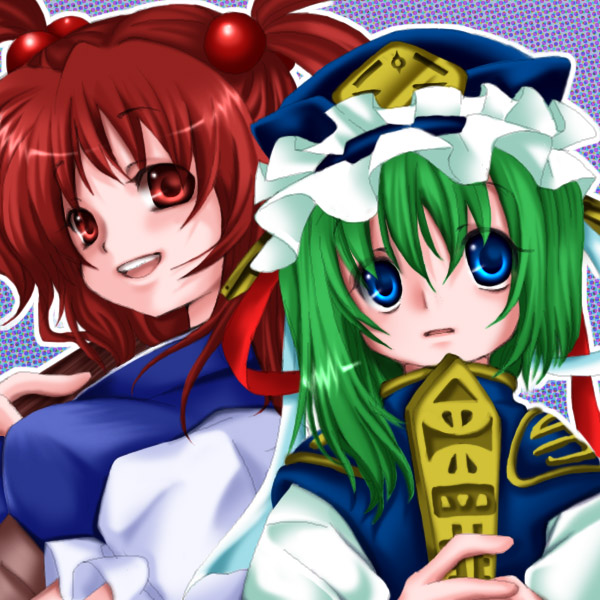 aoi mitsuru, onozuka komachi, shiki eiki, touhou, 2girls, blue eyes, female focus, green hair, hair bobbles, hair ornament, hat, multiple girls, open mouth, red eyes, red hair, ribbon, rod of remorse, short twintails, twintails, two side up