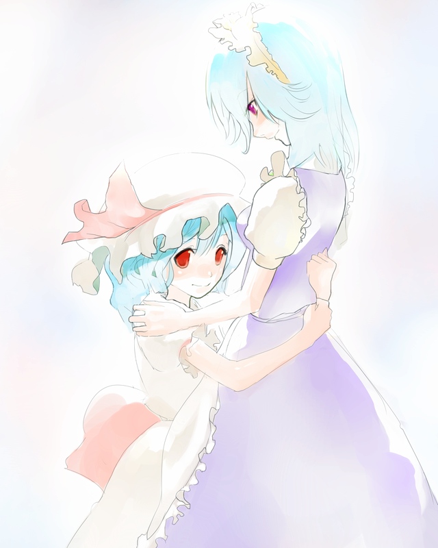 chirigami-san, izayoi sakuya, remilia scarlet, touhou, 2girls, apron, blue hair, blush, female focus, hat, hat ribbon, hug, looking at viewer, looking down, maid headdress, mob cap, multiple girls, puffy short sleeves, puffy sleeves, red eyes, red ribbon, ribbon, short hair, short sleeves, smile